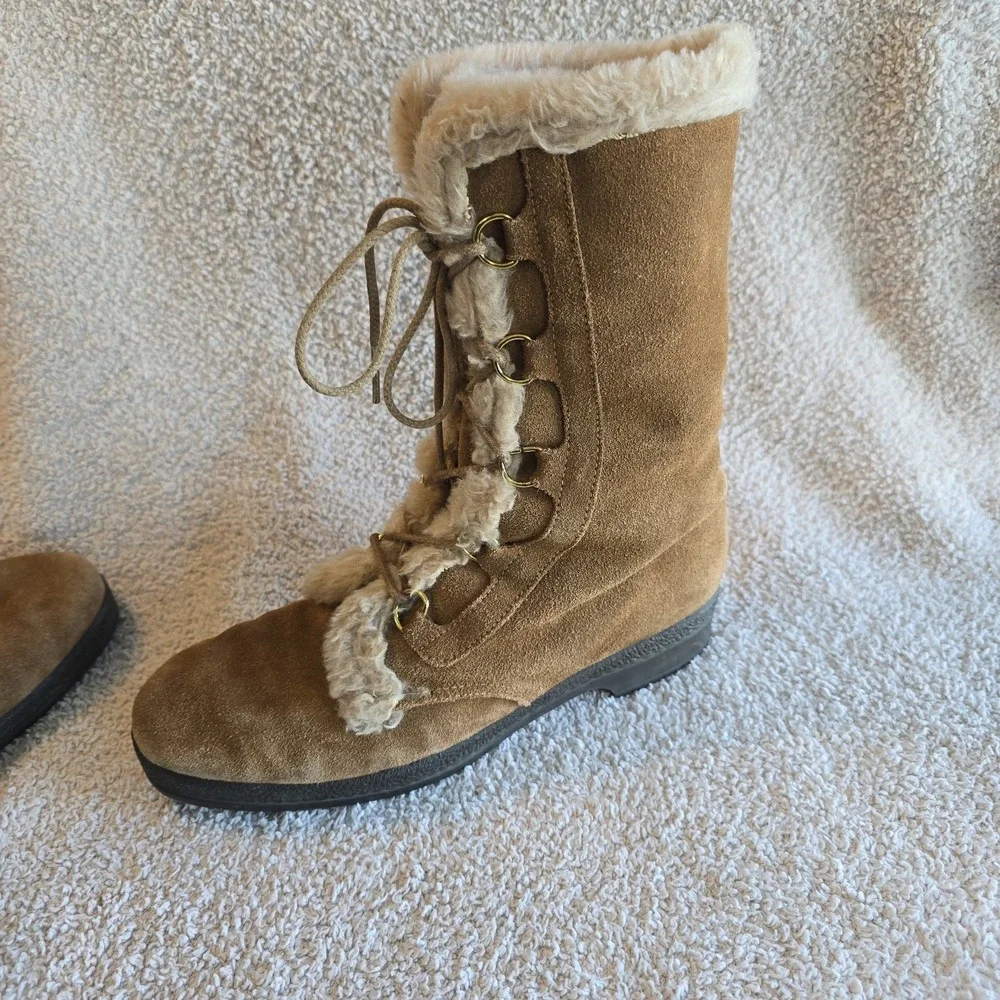Vtg Yodelers Women's Brown Suede Winter Boots Faux Fur Trim Apres-ski Retro Boho